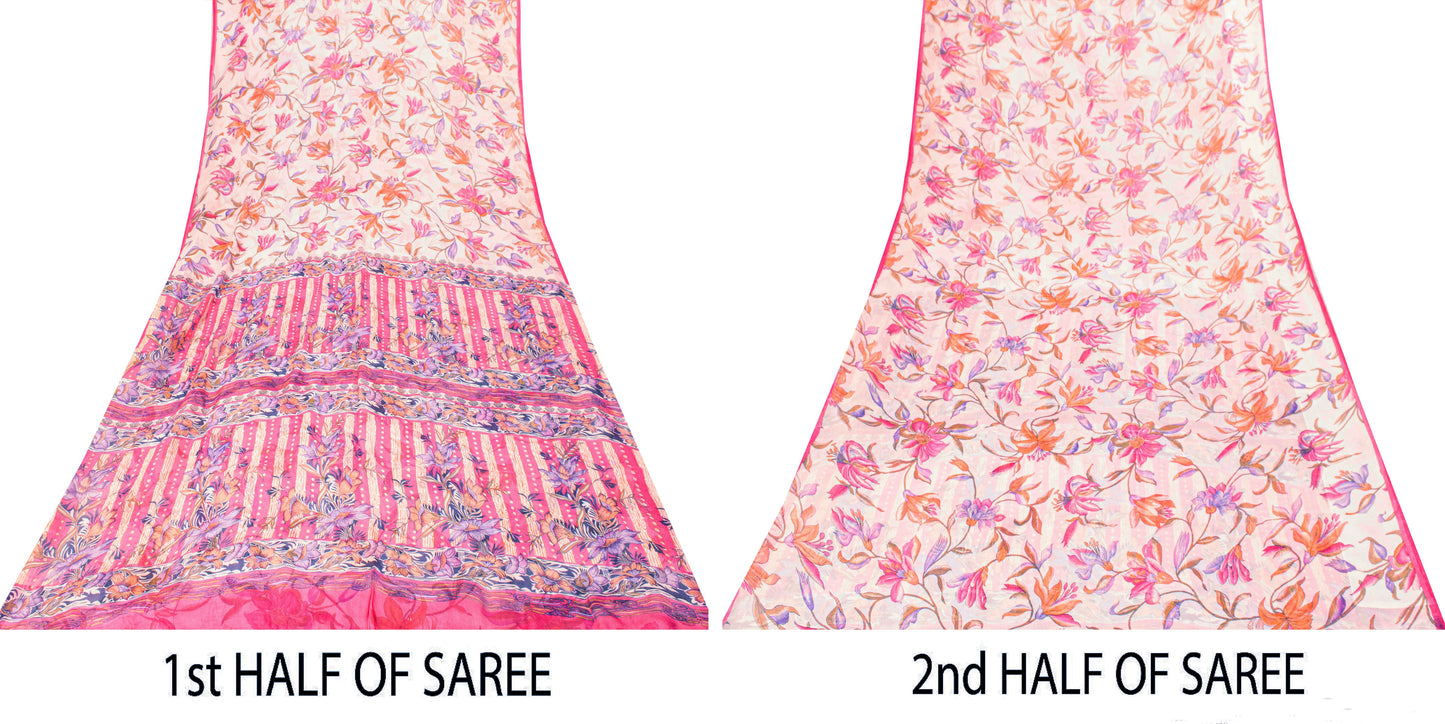 Sanskriti Vintage Sari Soft Pink Pure Chiffon Botonical Digital Print Saree 5.5Y