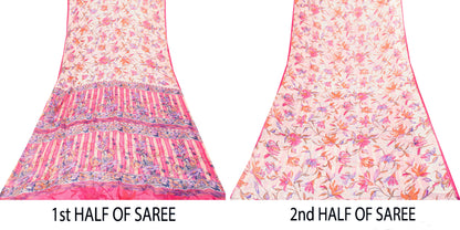 Sanskriti Vintage Sari Soft Pink Pure Chiffon Botonical Digital Print Saree 5.5Y