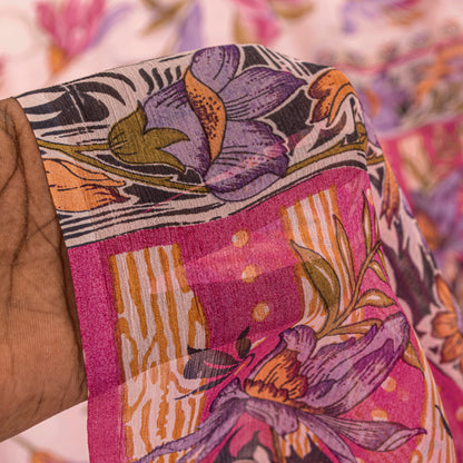 Sanskriti Vintage Sari Soft Pink Pure Chiffon Botonical Digital Print Saree 5.5Y