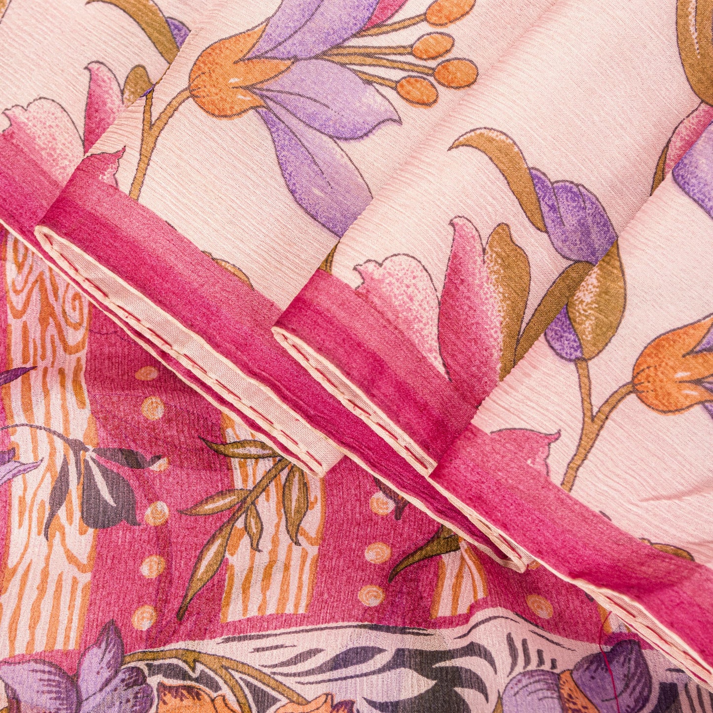 Sanskriti Vintage Sari Soft Pink Pure Chiffon Botonical Digital Print Saree 5.5Y