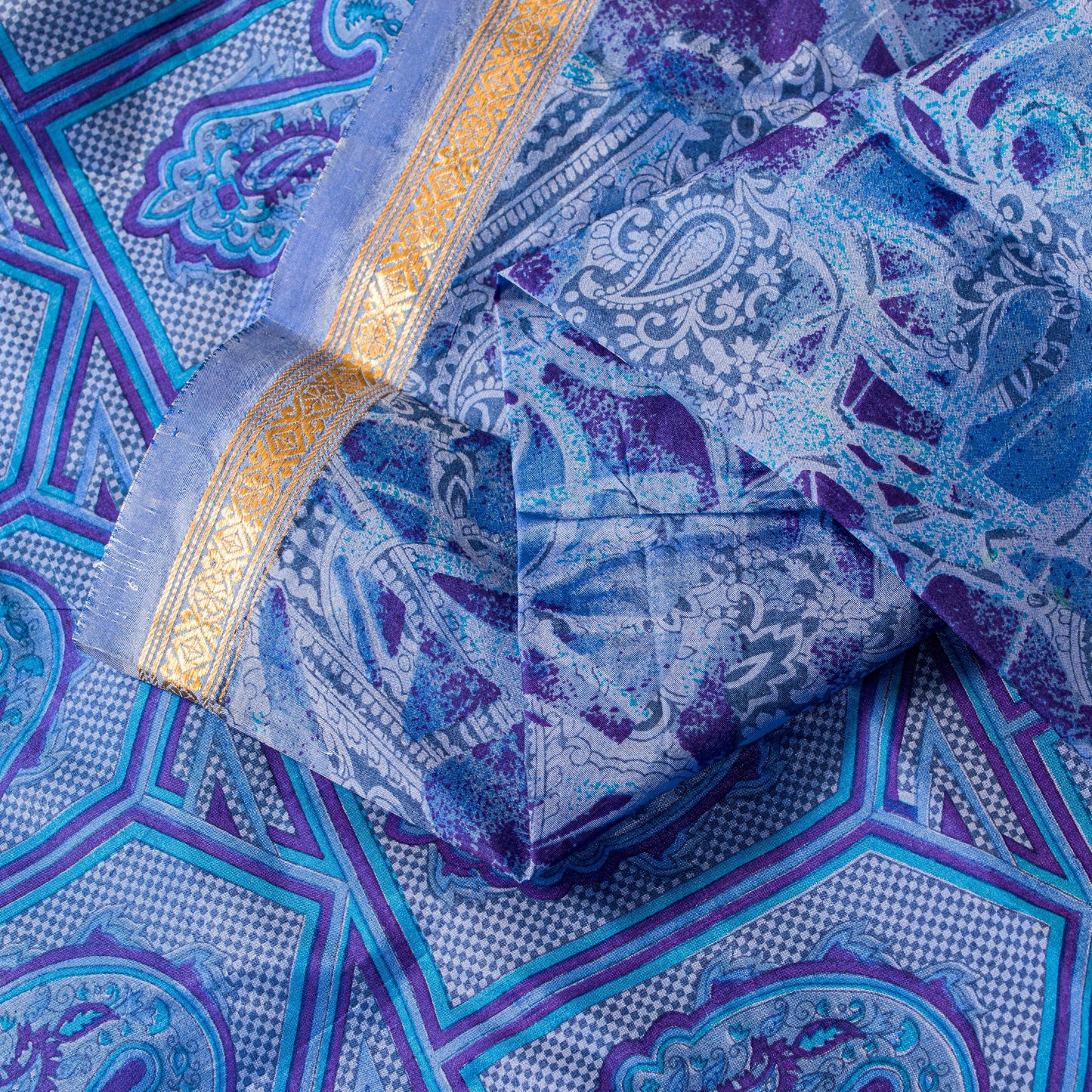 Sanskriti Vintage Sari Soft Blue Pure Silk Paisley Print Woven Border Saree 5.5Y