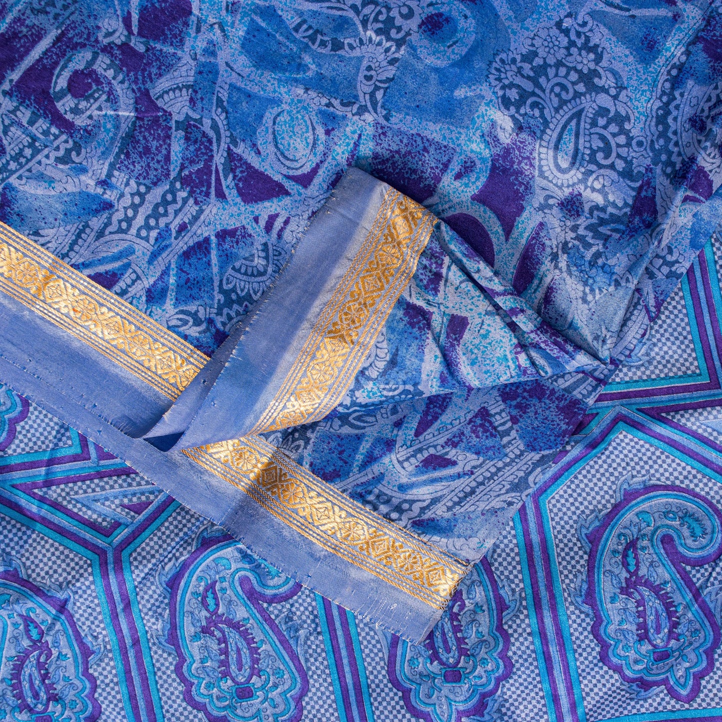 Sanskriti Vintage Sari Soft Blue Pure Silk Paisley Print Woven Border Saree 5.5Y