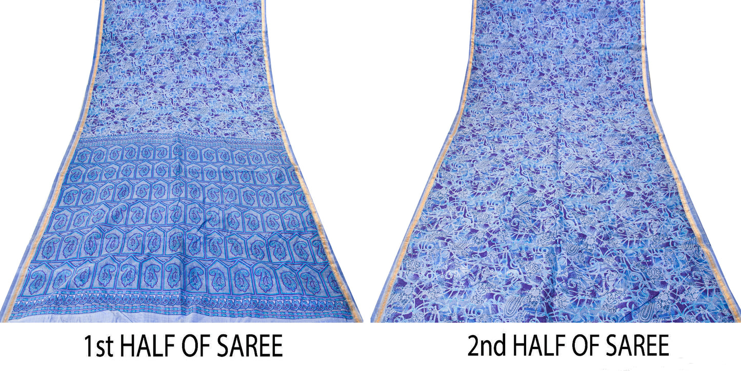 Sanskriti Vintage Sari Soft Blue Pure Silk Paisley Print Woven Border Saree 5.5Y