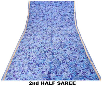 Sanskriti Vintage Sari Soft Blue Pure Silk Paisley Print Woven Border Saree 5.5Y