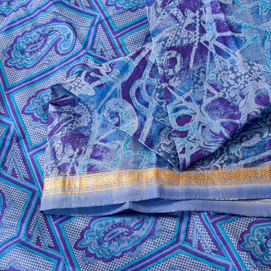 Sanskriti Vintage Sari Soft Blue Pure Silk Paisley Print Woven Border Saree 5.5Y