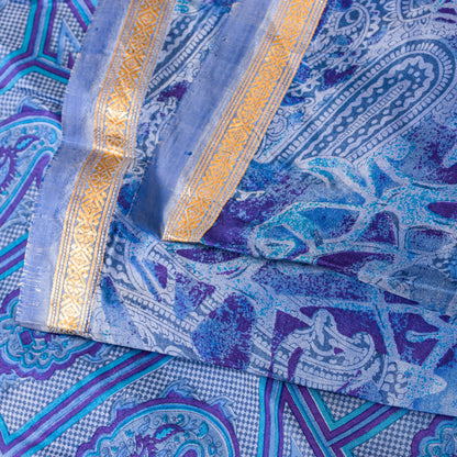 Sanskriti Vintage Sari Soft Blue Pure Silk Paisley Print Woven Border Saree 5.5Y
