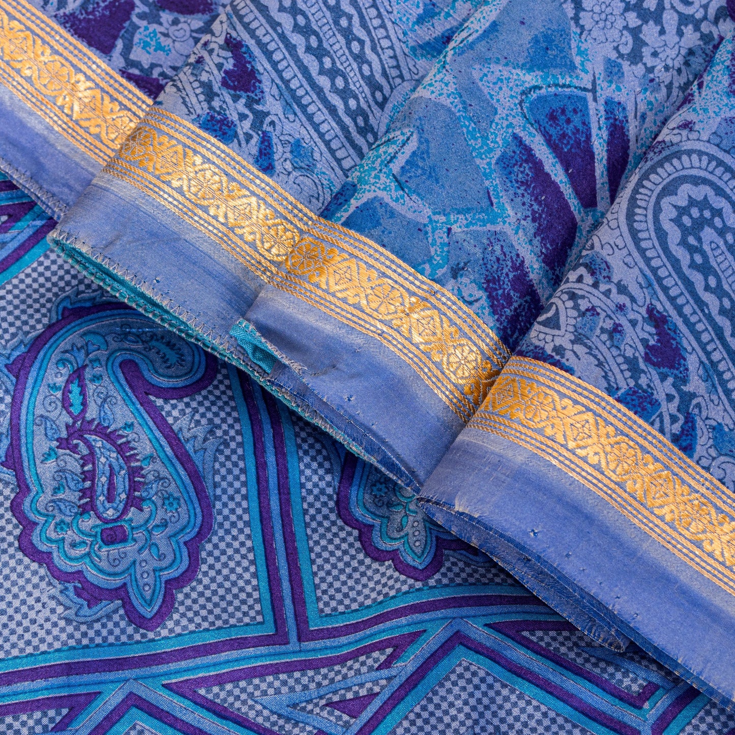 Sanskriti Vintage Sari Soft Blue Pure Silk Paisley Print Woven Border Saree 5.5Y