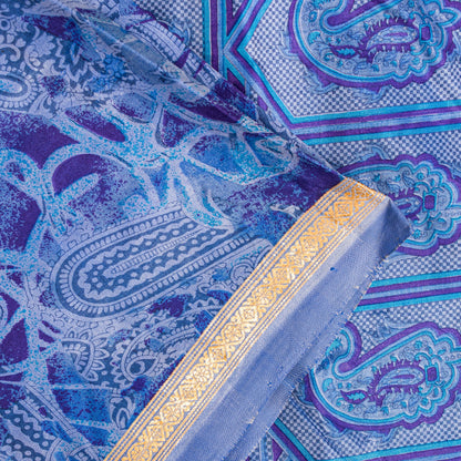 Sanskriti Vintage Sari Soft Blue Pure Silk Paisley Print Woven Border Saree 5.5Y
