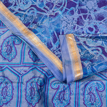 Sanskriti Vintage Sari Soft Blue Pure Silk Paisley Print Woven Border Saree 5.5Y