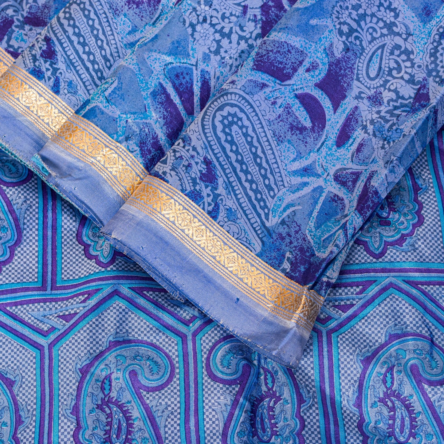 Sanskriti Vintage Sari Soft Blue Pure Silk Paisley Print Woven Border Saree 5.5Y