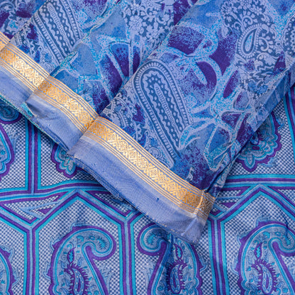 Sanskriti Vintage Sari Soft Blue Pure Silk Paisley Print Woven Border Saree 5.5Y