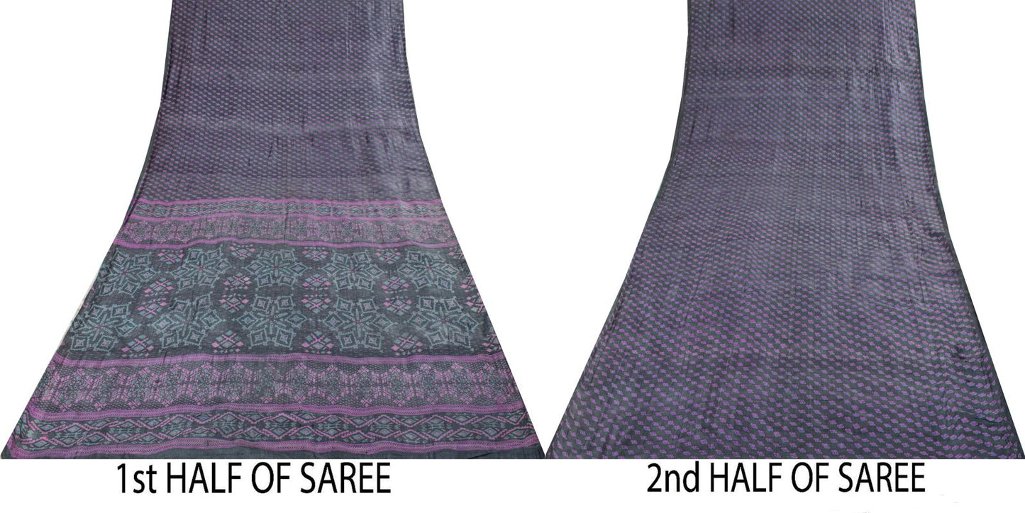Sanskriti Vintage Saree Gray-Purple Pure Silk Floral Printed Sari 5.5+Yd Fabric