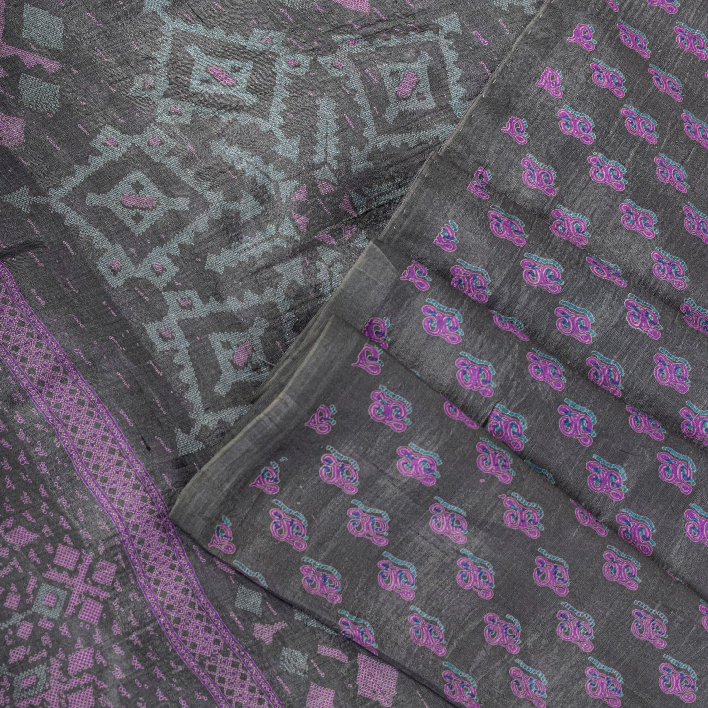 Sanskriti Vintage Saree Gray-Purple Pure Silk Floral Printed Sari 5.5+Yd Fabric