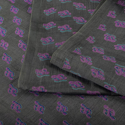 Sanskriti Vintage Saree Gray-Purple Pure Silk Floral Printed Sari 5.5+Yd Fabric