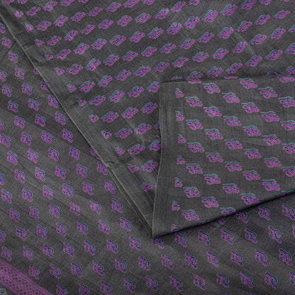 Sanskriti Vintage Saree Gray-Purple Pure Silk Floral Printed Sari 5.5+Yd Fabric