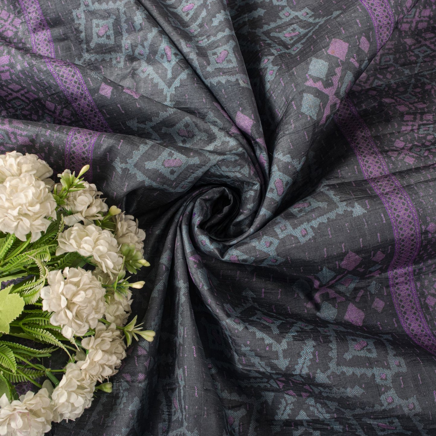 Sanskriti Vintage Saree Gray-Purple Pure Silk Floral Printed Sari 5.5+Yd Fabric