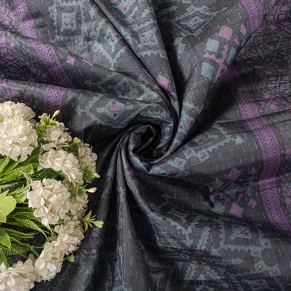 Sanskriti Vintage Saree Gray-Purple Pure Silk Floral Printed Sari 5.5+Yd Fabric