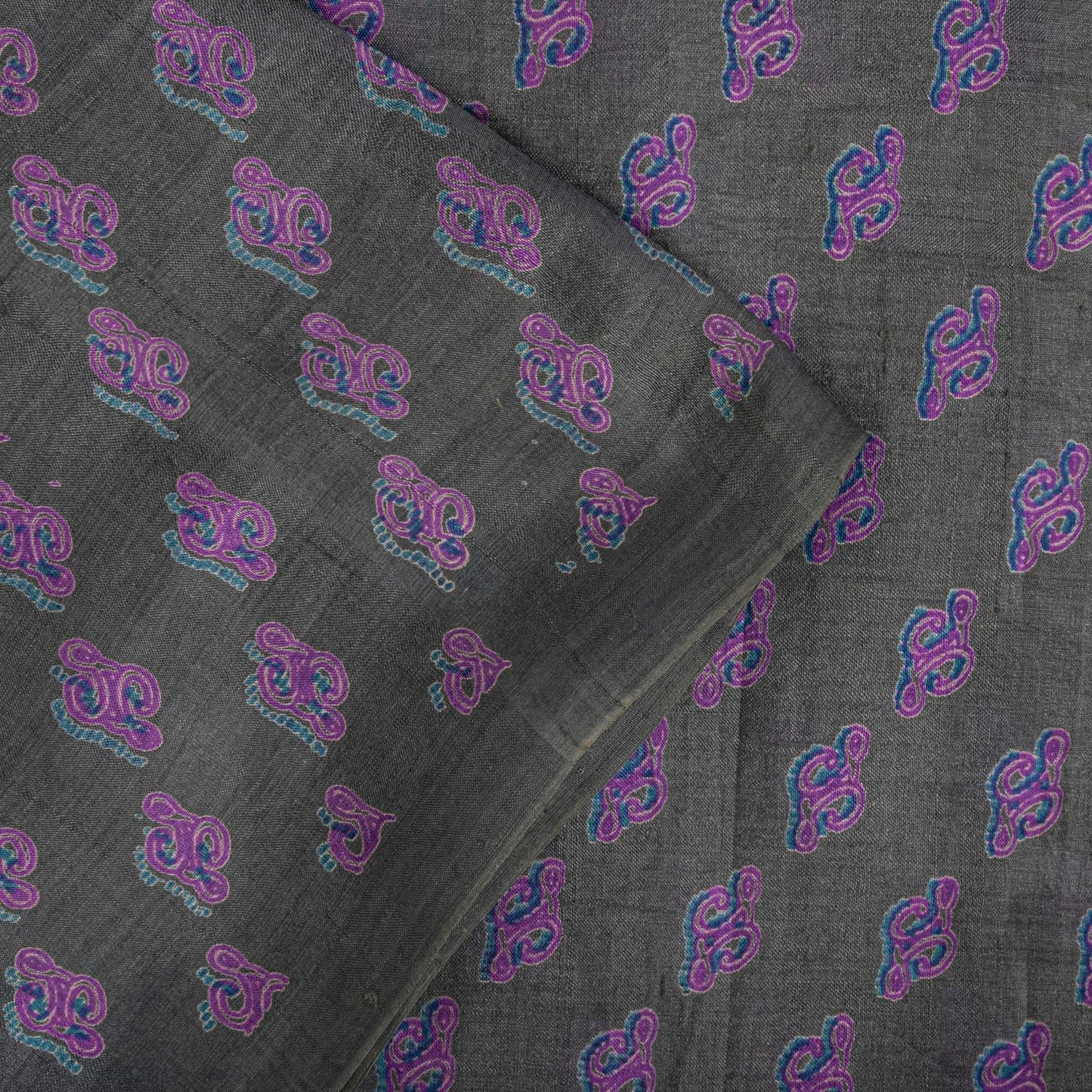 Sanskriti Vintage Saree Gray-Purple Pure Silk Floral Printed Sari 5.5+Yd Fabric