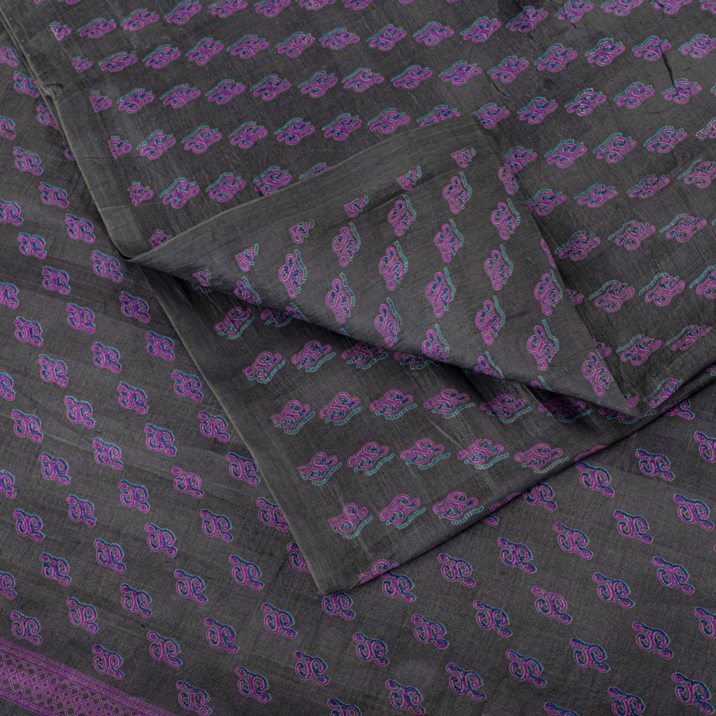 Sanskriti Vintage Saree Gray-Purple Pure Silk Floral Printed Sari 5.5+Yd Fabric