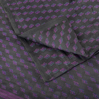 Sanskriti Vintage Saree Gray-Purple Pure Silk Floral Printed Sari 5.5+Yd Fabric