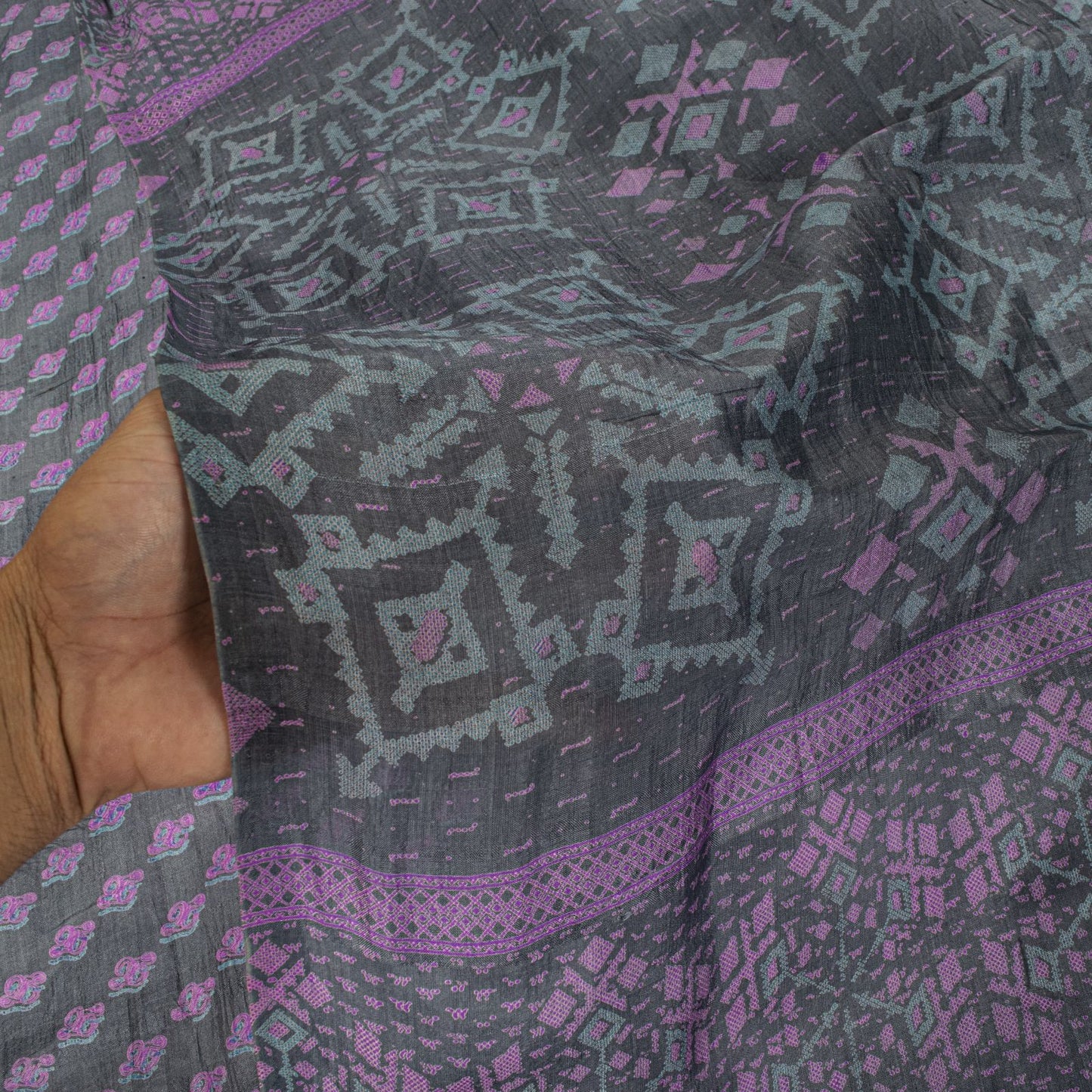 Sanskriti Vintage Saree Gray-Purple Pure Silk Floral Printed Sari 5.5+Yd Fabric