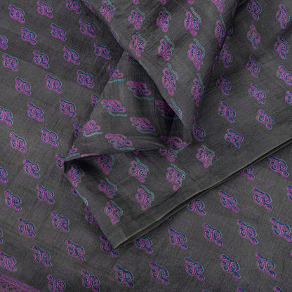 Sanskriti Vintage Saree Gray-Purple Pure Silk Floral Printed Sari 5.5+Yd Fabric
