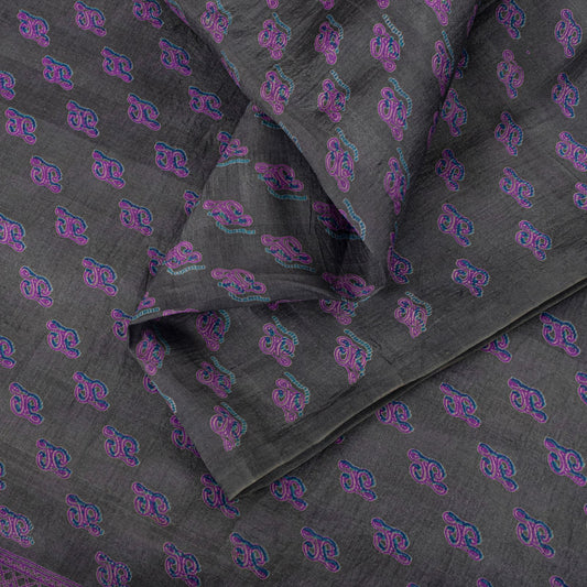 Sanskriti Vintage Saree Gray-Purple Pure Silk Floral Printed Sari 5.5+Yd Fabric