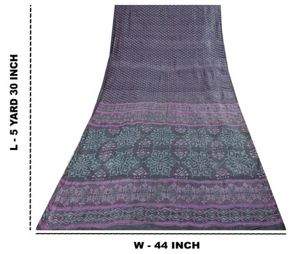 Sanskriti Vintage Saree Gray-Purple Pure Silk Floral Printed Sari 5.5+Yd Fabric
