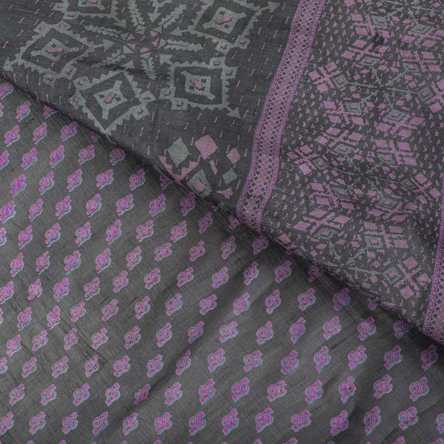 Sanskriti Vintage Saree Gray-Purple Pure Silk Floral Printed Sari 5.5+Yd Fabric
