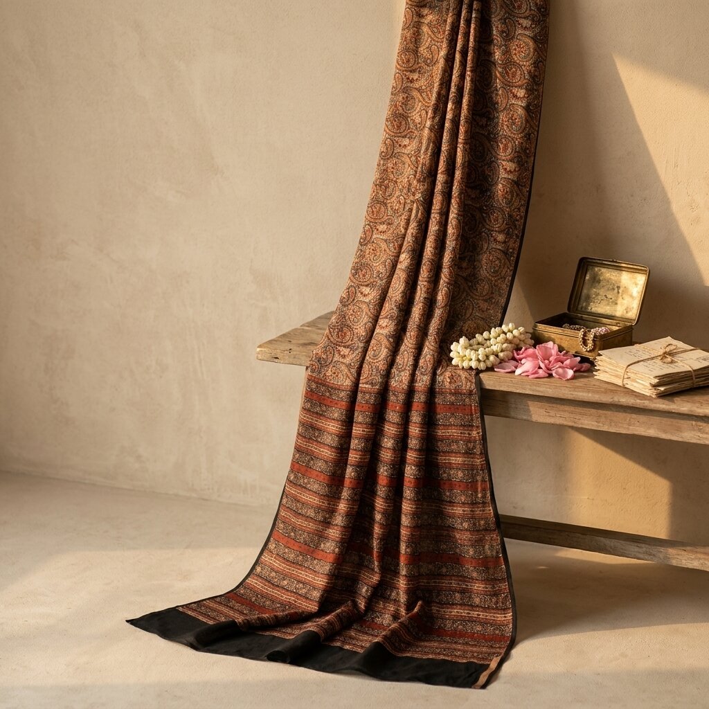 Sanskriti Vintage Brown Pure Silk Saree Paisley Printed Craft Fabric Sari 6+Yard