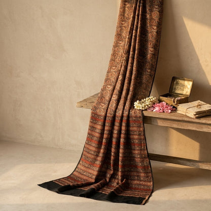 Sanskriti Vintage Brown Pure Silk Saree Paisley Printed Craft Fabric Sari 6+Yard
