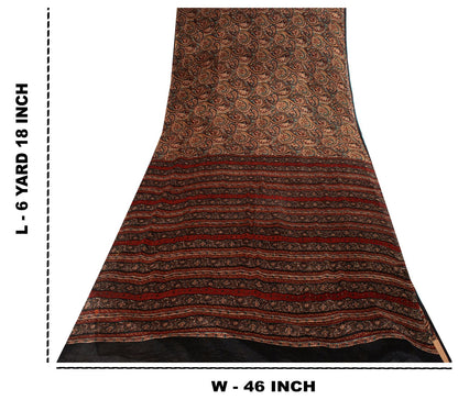 Sanskriti Vintage Brown Pure Silk Saree Paisley Printed Craft Fabric Sari 6+Yard