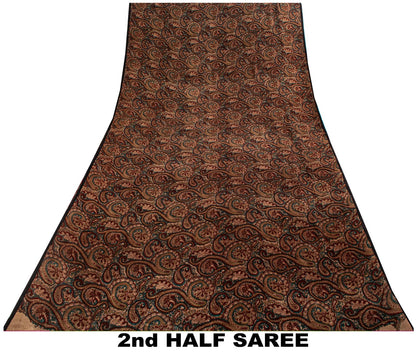 Sanskriti Vintage Brown Pure Silk Saree Paisley Printed Craft Fabric Sari 6+Yard