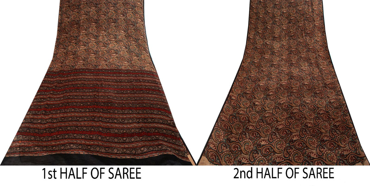 Sanskriti Vintage Brown Pure Silk Saree Paisley Printed Craft Fabric Sari 6+Yard