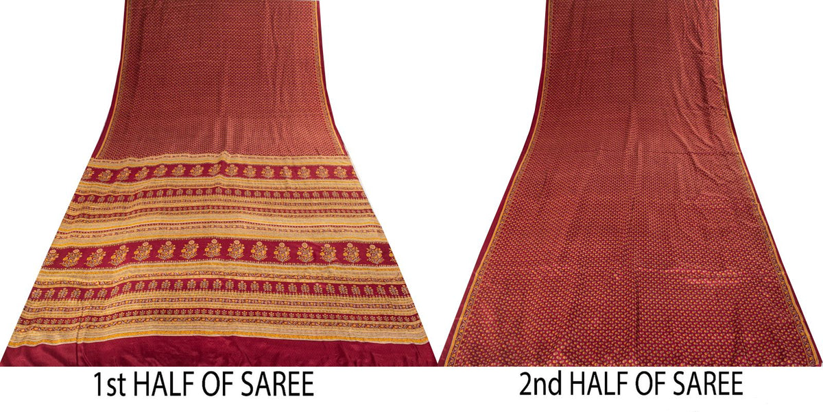 Sanskriti Vintage Maroon Pure Silk Saree Floral Printed Craft Fabric Sari 6 Yard