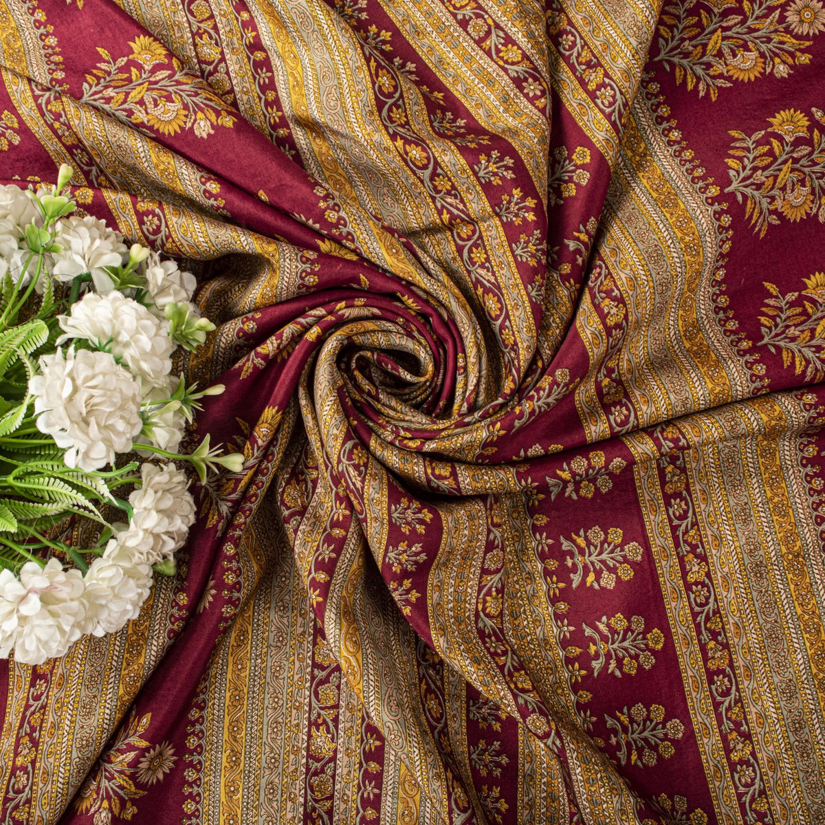 Sanskriti Vintage Maroon Pure Silk Saree Floral Printed Craft Fabric Sari 6 Yard