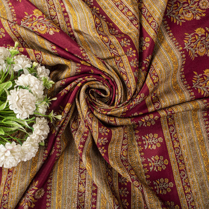 Sanskriti Vintage Maroon Pure Silk Saree Floral Printed Craft Fabric Sari 6 Yard
