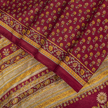 Sanskriti Vintage Maroon Pure Silk Saree Floral Printed Craft Fabric Sari 6 Yard