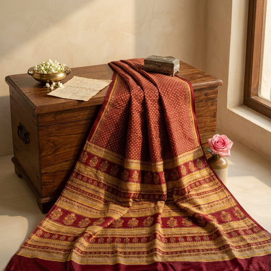 Sanskriti Vintage Maroon Pure Silk Saree Floral Printed Craft Fabric Sari 6 Yard