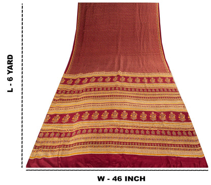 Sanskriti Vintage Maroon Pure Silk Saree Floral Printed Craft Fabric Sari 6 Yard