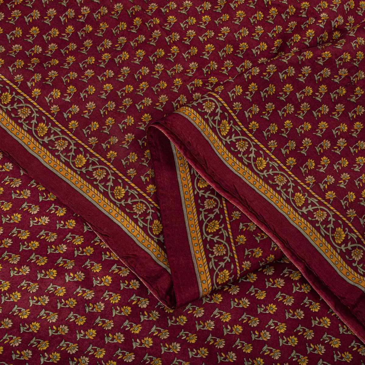 Sanskriti Vintage Maroon Pure Silk Saree Floral Printed Craft Fabric Sari 6 Yard