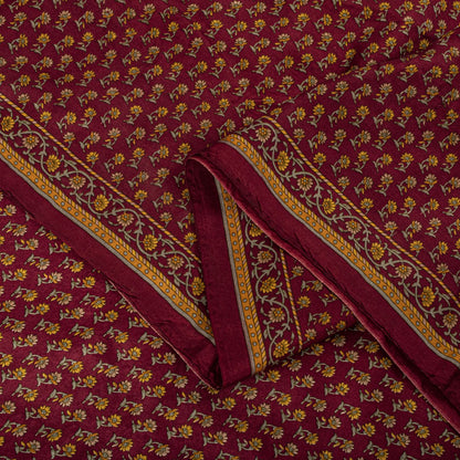 Sanskriti Vintage Maroon Pure Silk Saree Floral Printed Craft Fabric Sari 6 Yard