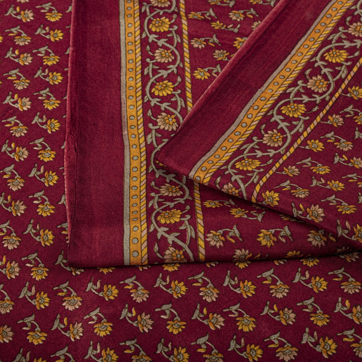 Sanskriti Vintage Maroon Pure Silk Saree Floral Printed Craft Fabric Sari 6 Yard