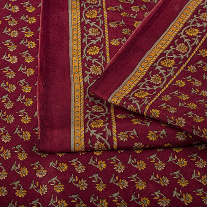 Sanskriti Vintage Maroon Pure Silk Saree Floral Printed Craft Fabric Sari 6 Yard