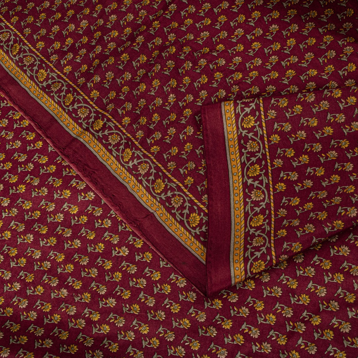 Sanskriti Vintage Maroon Pure Silk Saree Floral Printed Craft Fabric Sari 6 Yard