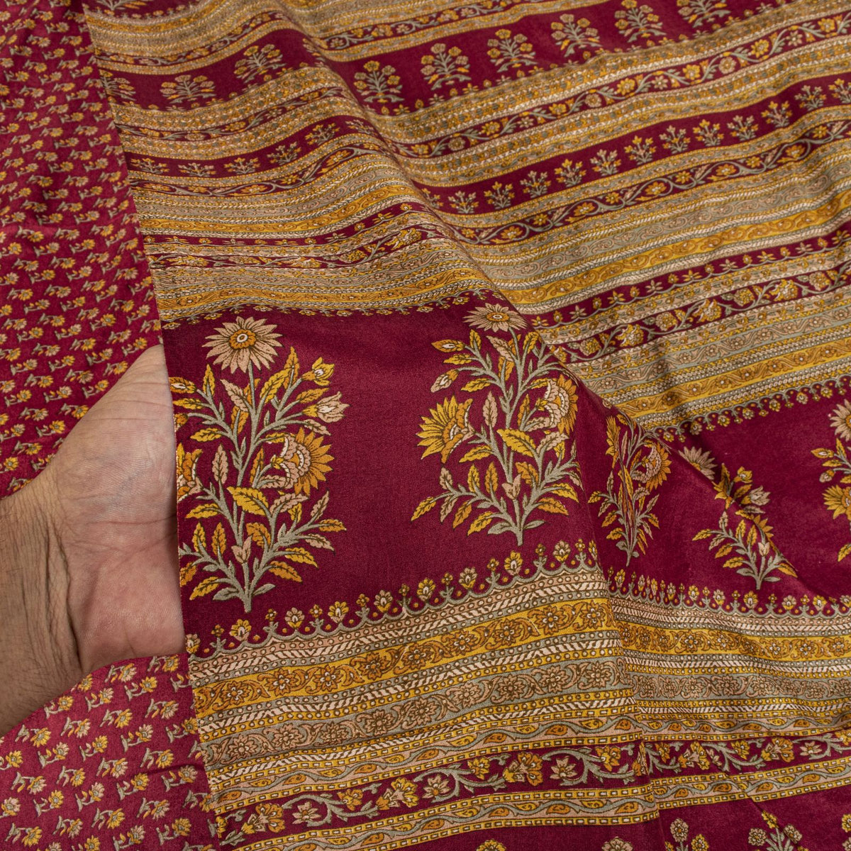 Sanskriti Vintage Maroon Pure Silk Saree Floral Printed Craft Fabric Sari 6 Yard