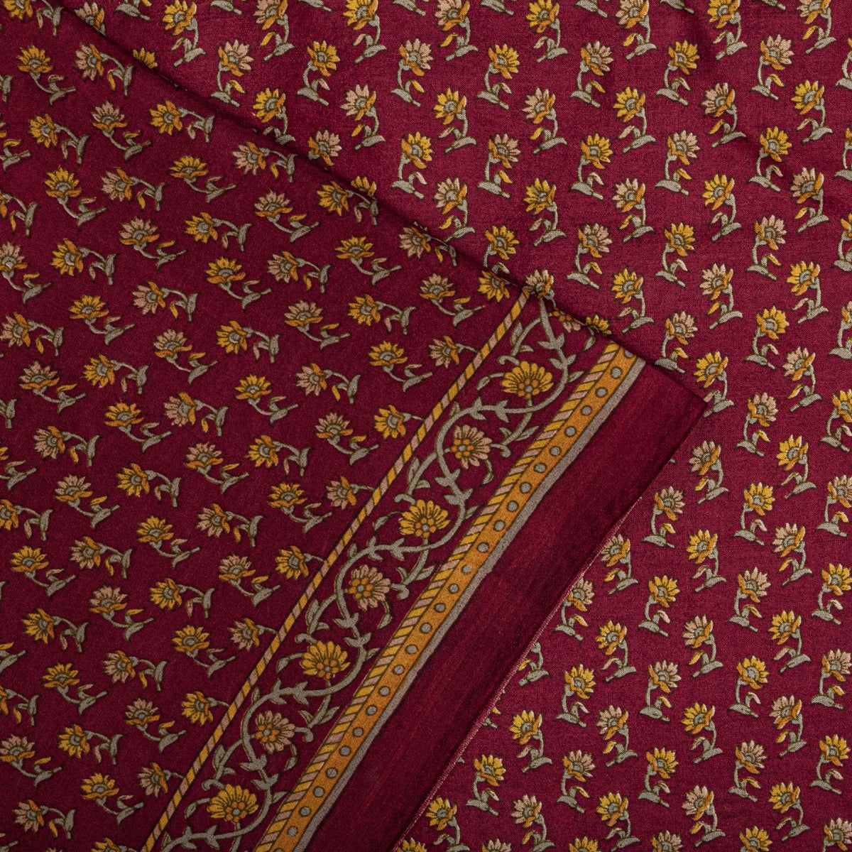 Sanskriti Vintage Maroon Pure Silk Saree Floral Printed Craft Fabric Sari 6 Yard