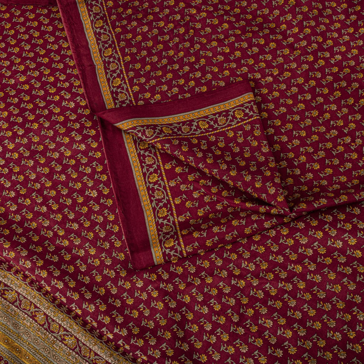Sanskriti Vintage Maroon Pure Silk Saree Floral Printed Craft Fabric Sari 6 Yard