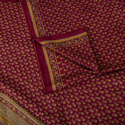 Sanskriti Vintage Maroon Pure Silk Saree Floral Printed Craft Fabric Sari 6 Yard