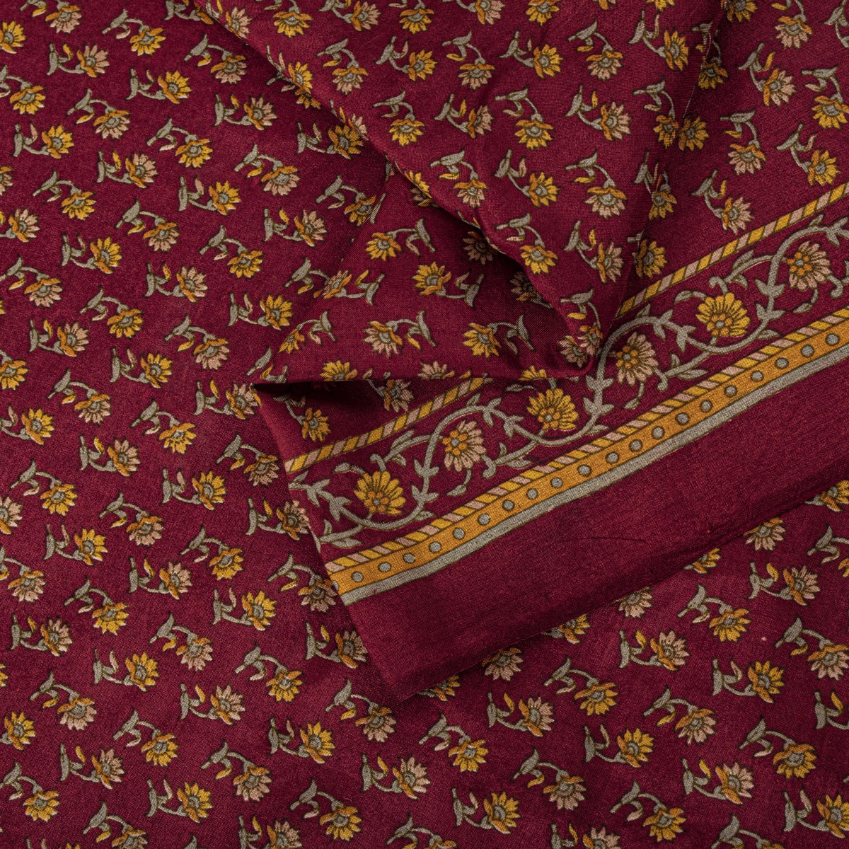 Sanskriti Vintage Maroon Pure Silk Saree Floral Printed Craft Fabric Sari 6 Yard